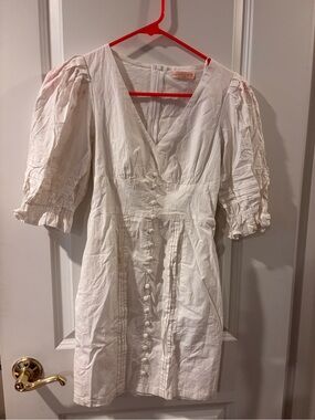 White Puff-Sleeve Button-Front Mini Dress